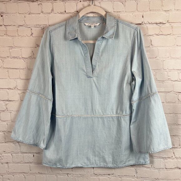 FOXCROFT light blue swing lace trim flared sleeve chambray tunic blouse top 8 - Picture 1 of 6